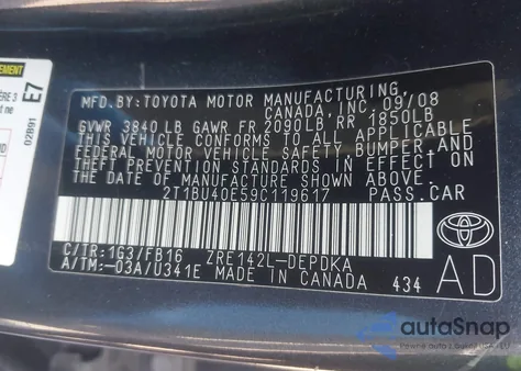 2009 Toyota Corolla Le from USA, damaged, VIN 2T1BU40E59C119617